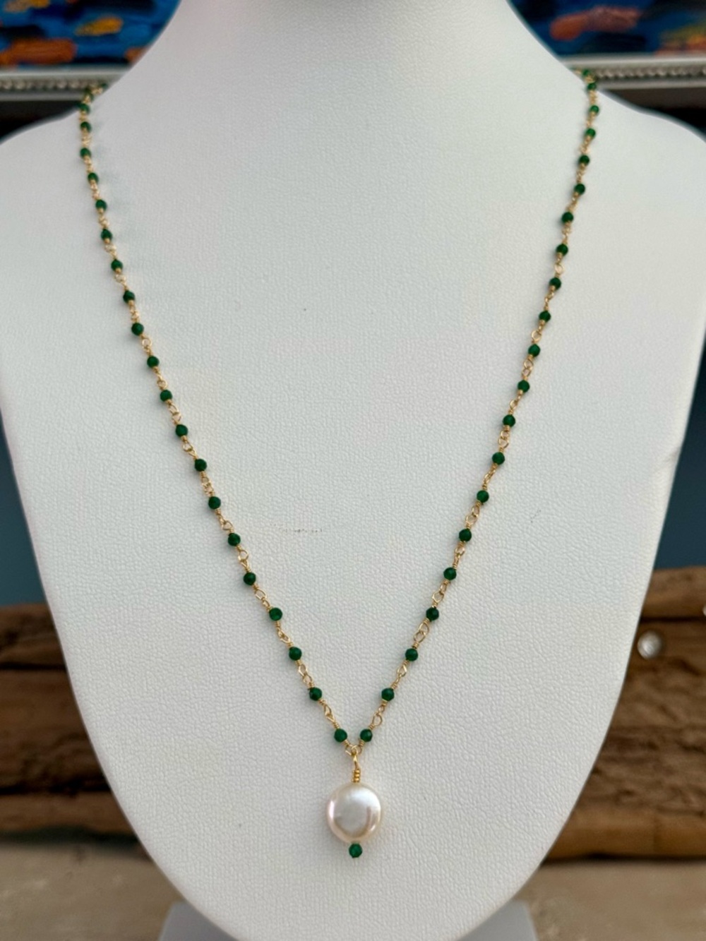 Handcrafted Emerald Necklace with Coin Pearl Pendant